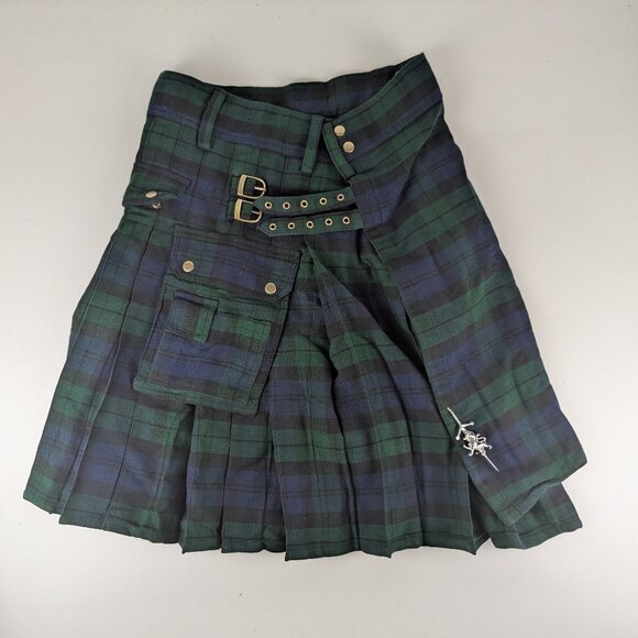 Tartan Wool Utility Kilt Size 32 Scottish Plaid Green Blue Pockets Adjustable - Picture 1 of 8
